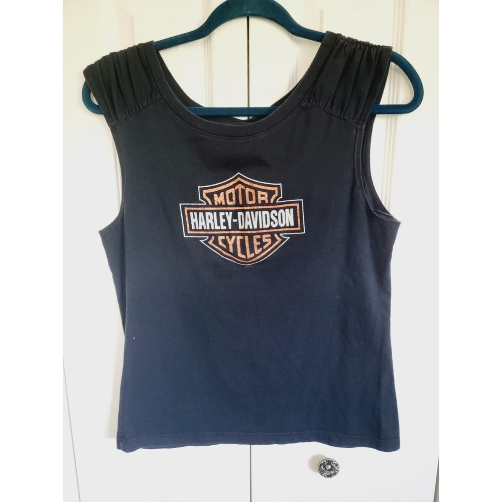 Harley-Davidson Womens L Kokomo Indiana Ruched Shoulder Tank Top Black 2008 - Picture 5 of 11